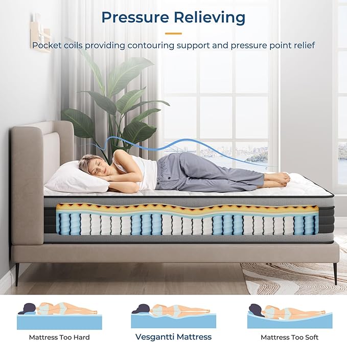 Vesgantti Queen Mattress, 12 Inch Hybrid Queen Size Mattress in a Box, Memory Foam and Individually Pocket Spring, Innerspring Mattress for Pressure Relief and Supportive, Medium Firm