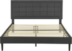 Decoro Mornington Upholstered 2.0 Platform Bed, Button-Tufted Fabric Headboard and Metal Frame with Wood Slat Support, Dark Grey, Queen
