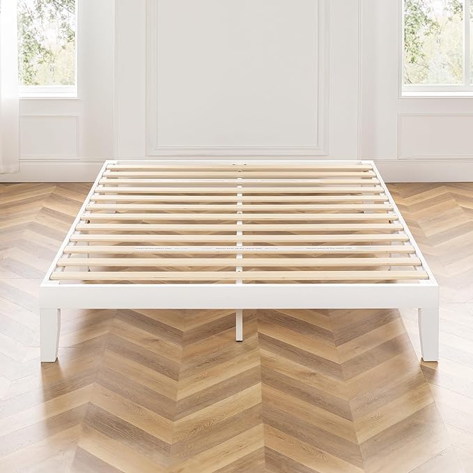 Mellow Naturalista Classic 12 Inch Solid Wood Platform Bed with Wooden Slats, Queen, White