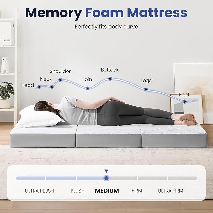 Foldable Mattress Queen 3 inch -Portable White Memory Foam Folding Matress with Washable Cover for Camping Travel Guest Room Home Use-Non-Slip&Easy Storage