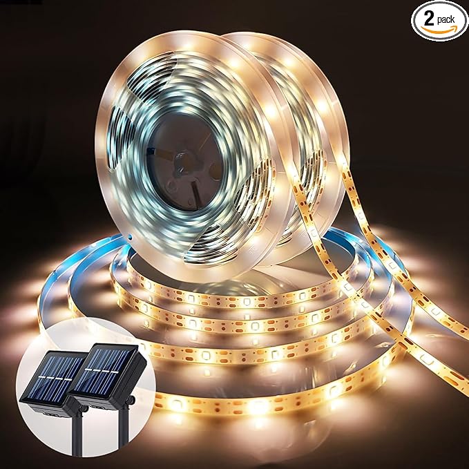 Solar LED Light Strip Outdoor Tape Rope Lights Waterproof 10ft Garden Path Decorative Lighting with 8 Modes for Outside, Wrap, Party, Stair, Step, Gazebo, Yard, Wedding, Christmas, 2 Pack
