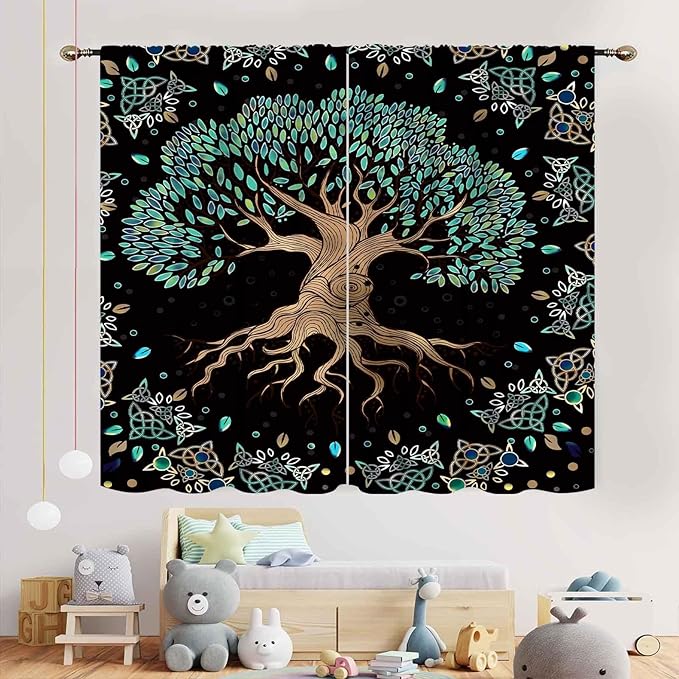 Tree of Life Curtains, Hippie Green Leaves Tree Life Vikings Celtic Nordic Aesthetic Mythology Window Drapery Treatments for Bedroom Living Room Bathroom 2 Panels, 55"x63" Inch