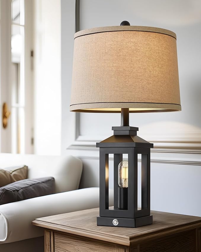 23.75" Retro Farmhouse Black Table Lamp for Living Room Bedroom Nightstand Single Pack Touch Control Bedside Nightlight Vintage Modern Lamp with USB C+A Ports and 2 Light Sources