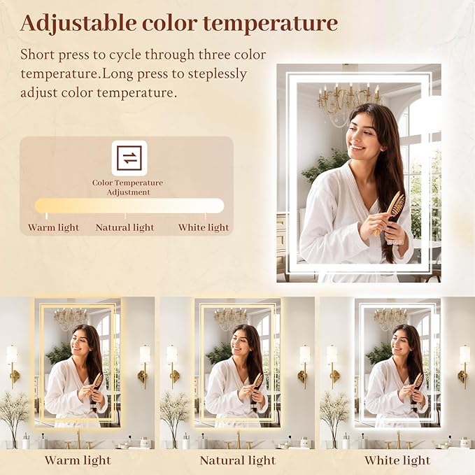 24x32 LED Mirror for Bathroom with Front and Backlit Light Up Digital Mirrors for Wall,Anti Fog,Stepless Dimmable,Tempered Silver Glass Smart Vanity Mirror for Bathroom