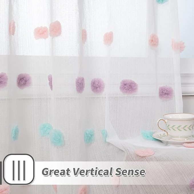 MYSKY HOME Short Curtains for Bedroom Rainbow Pom Pom White Sheer Curtains Living Room 54 Inches Long Curtains Nursery Boys Kids Room Kitchen Rod Pocket 2 Panels Boho Small Window 37" x 54"