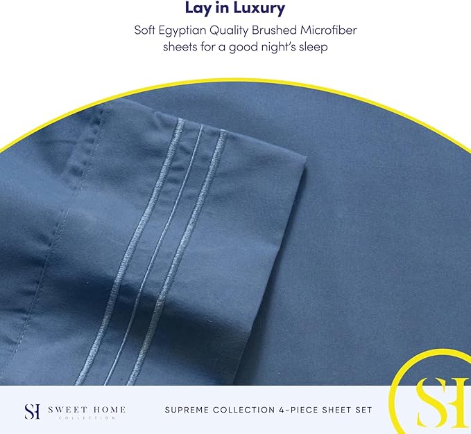 King Size Sheets - Breathable Luxury Bed Sheets with Full Elastic & Secure Corner Straps Built In - 1800 Supreme Collection Extra Soft Deep Pocket Bedding Set, Sheet Set, King, Denim