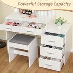 usikey 43.5in Large Vanity Desk with Mirror and 10 LED Lights, Makeup Vanity Table with Lights and 5 Drawers, White Vanity Table Vanity Set with Storage Shelves and Stool for Women Girls, White