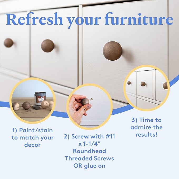 Wood Knobs, 1-3/4 Inch Round Natural Wood Drawer Pulls, Pack of 12 Unfinished Wooden Drawer Knobs, Ball Shaped Wood Cabinet Knobs, Nursery Dresser Knobs, Wood Door Knobs and Crafts