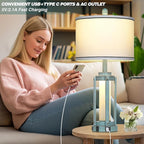 Industrial Farmhouse Table Lamp, 26" Vintage Rustic Beside Lamp with USB A+C Charging Ports & AC Outlet, Nightstand Metal Lamp with LED Night Light & Fabric Shade for Living Room Bedrooms Blue