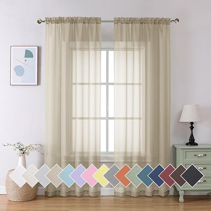 Aiyufeng Taupe Sheer Curtains 84 Inches Long 2 Panels Set, Semi Transparent Voile Rod Pocket Sheer Window Drapes for Bedroom Bed Canopy Living Room Dining Wedding Party Backdrop, 40W x 84L inch