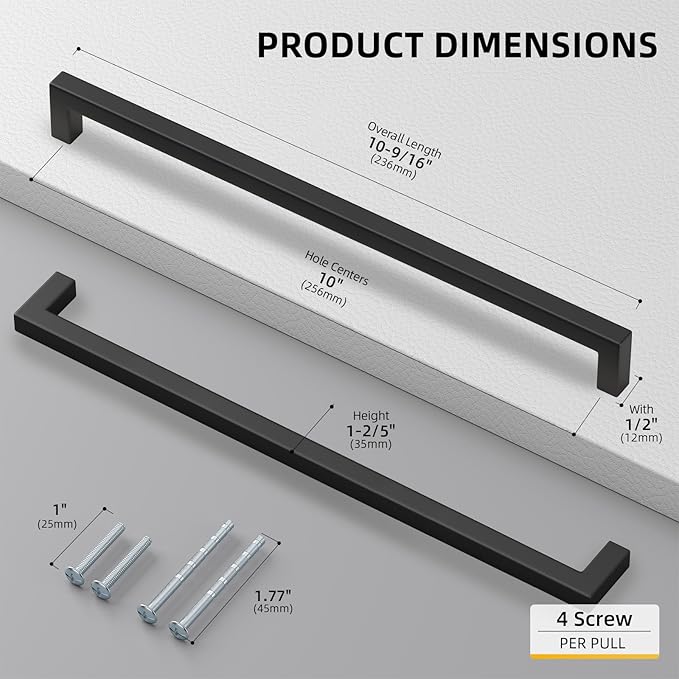 goldenwarm 100 Pack 10 Inch Black Cabinet Handles Matte Black Drawer Pulls Stainless Steel Cabinets Hardware Square Bar Modern for Kitchen Bathroom Cupboard