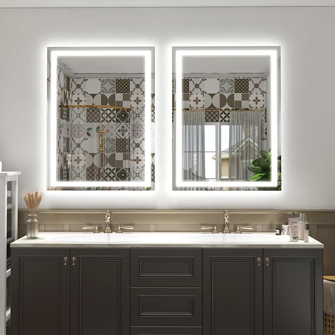 48x 30 LED Lighted Bathroom Mirror, Vanity Mirror with Lights for Wall, Dimmable, Defogger, Shatter-Proof, 3 Colors, ETL Listed (Front + Backlit)