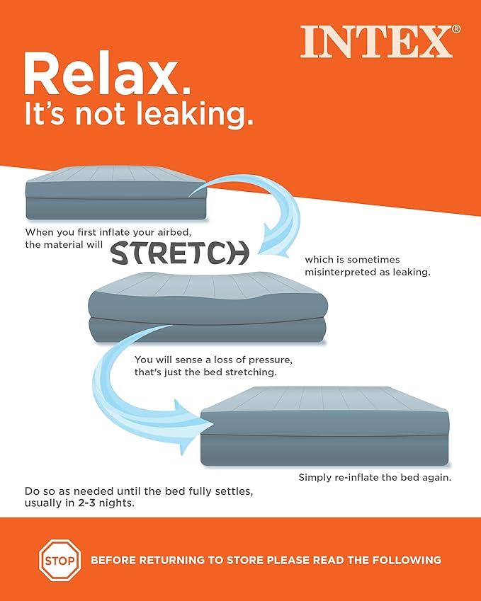 Intex 64778E Dura-Beam Standard Prestige Air Mattress: Fiber-Tech – Full Size – Hand-Held Battery Pump – 10in Bed Height – 600lb Weight Capacity