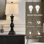 28" Farmhouse Table Lamps Set of 2 with USB C+A Ports and AC Outlet, 3 Way Touch Tall Vintage Bedside Lamp for Living Room, Black Rustic Nightstand Lamp for Bedroom Office