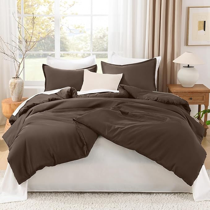 Litanika Comforters Chocolate Oversized Queen Size, 3 Pieces Lightweight Solid Bedding Set & Collections, All Season Fluffy Bed Set (98x98In Comforter & 2 Pillowcases)