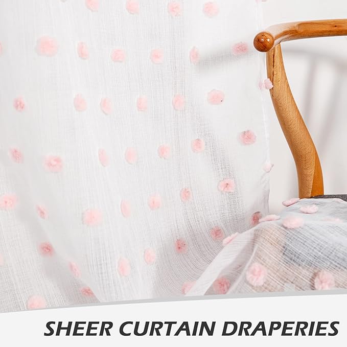 MYSKY HOME Living Room Curtains for Window 120 Inch Length Long Pink Pom Pom Curtains for Bedroom Set of 2 White Sheer Curtains Blush Farmhouse Rod Pocket Parties Backdrops 52" x 120"