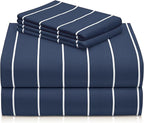 LuxClub 4 PC Queen Size Sheet Set Bed Sheets, Breathable Luxury Deep Pockets Wrinkle Free Cooling Sheets Machine Washable Hotel Bedding (Queen, Striped Navy)
