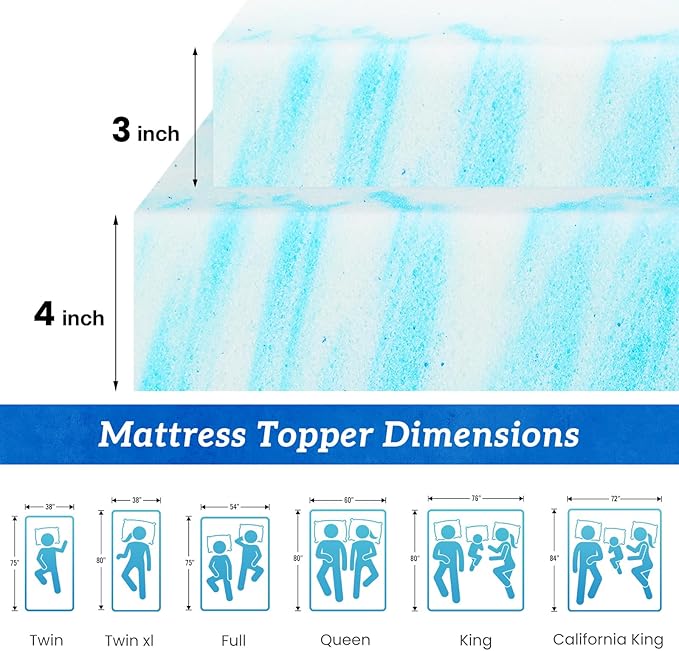 Sweetcrispy Mattress Topper King, 3 Inch Thick Memory Foam Gel Infused Cooling Toppers Pad for King Size Bed, Sleeper Sofa, RV, Camper, CertiPUR US Certified, Ventilated and Breathable