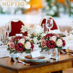 Nuptio Artificial Flower Centrepieces for Tables - 6 Pcs Burgundy & Dusty Rose & Creamy White Fake Flowers Roses Balls 9.5in Diam - Silk Faux Rose Arrangement for Wedding Party Centerpiece Table Decor