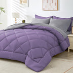 HEVUMYI Queen Comforter Set - 7-Piece All Season Bed in a Bag Queen, Ultra Soft Bedding Set with Comforter, Flat Sheet, Fitted Sheet, Pillowcases, Pillow Shams, Purple & Light Grey