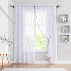 Treatmentex Sheer White Curtains with Multi-Color Pom-Pom Sheer Curtains for Toddler 84" Long Linen Textured Decorative Nursery Room Window Drapes 52" w 1Pair