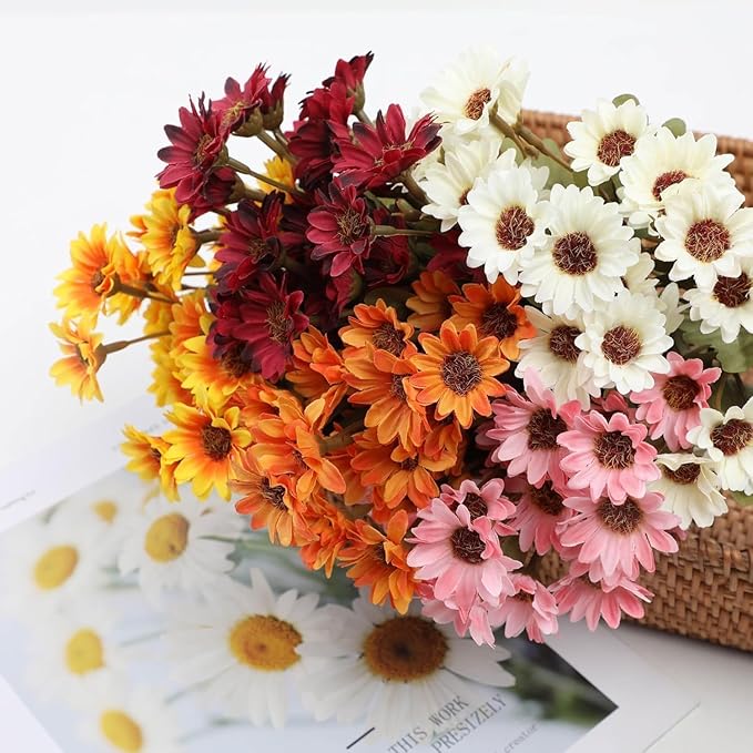 Artificial Mums for Outdoors, Faux Sunset Mum Flowers Planters for Indoor Outside Decor, Fake Look Real, Vibrant, UV Resistant, Waterproof, Windproof (Orange, 5 Bundle)
