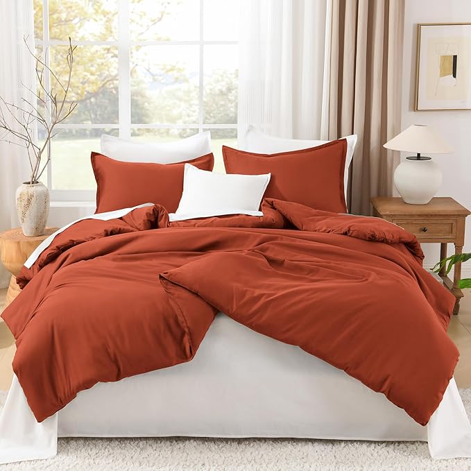Litanika Boho Comforter Full Size Set Burnt Orange, 3 Pieces Fall Solid Terracotta Lightweight Bedding Comforter Set, Rust Fluffy Winter Quilted Blanket Set (79x90In Comforter & 2 Pillowcases)