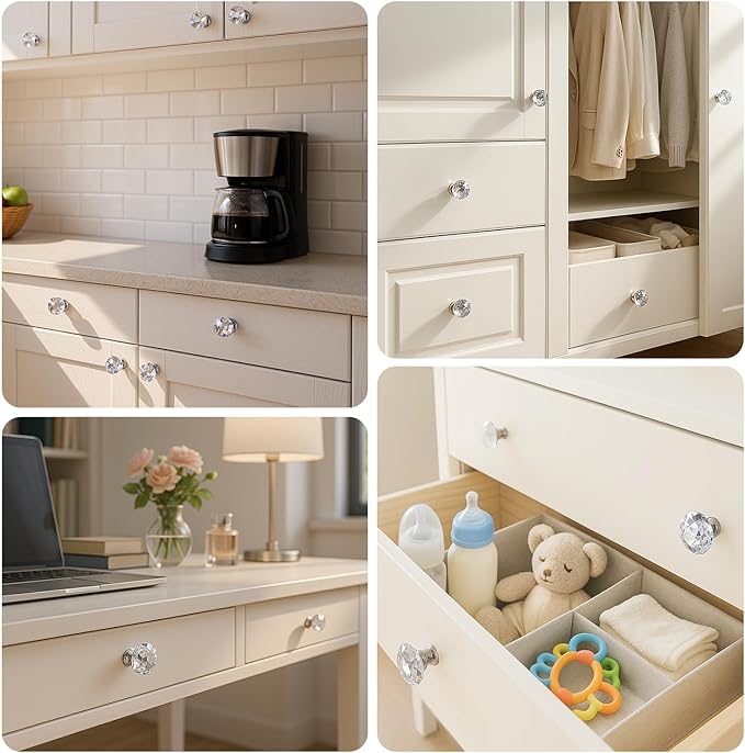 DEELF 12 Packs Kitchen Cabinet Knobs, 40 mm Crystal Cabinet Knobs, Diamond Dresser Handle Drawer Pulls, Dresser Knobs for Cabinets and Drawers, Silver Base