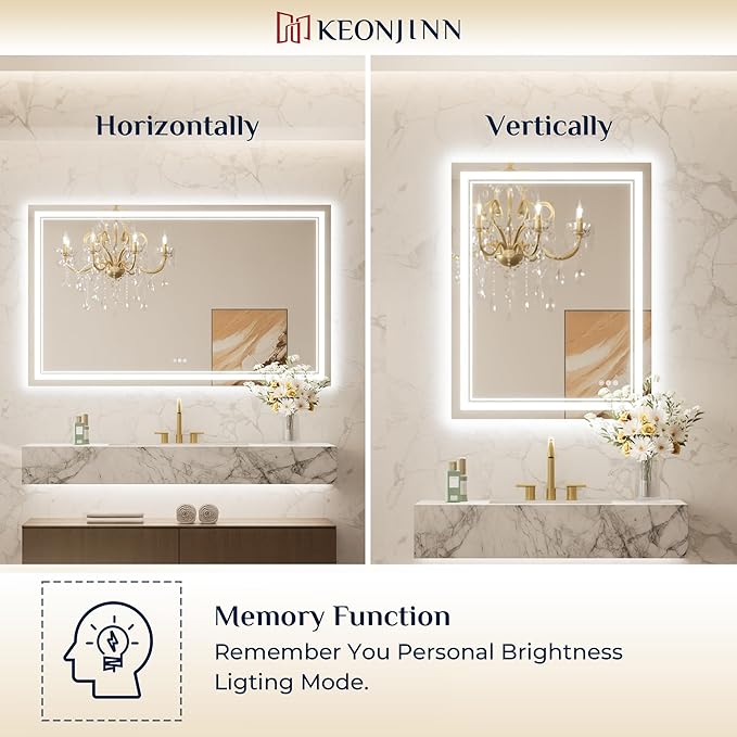 Keonjinn Led Bathroom Mirror with Lights, 36" x 36" Frontlit and Backlight, Stepless 3 Colors Temperature & Dimmable Wall Mirror, UL Listed LED Driver, Double LED Strips Tempered Glass Lighted Mirror