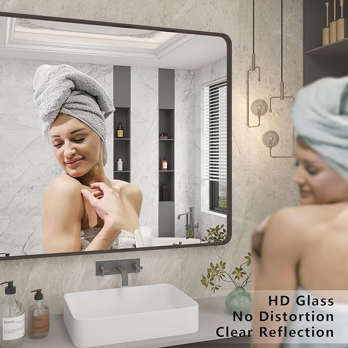 55x36 Bronze Bathroom Vanity Mirror for Wall, Large Bronze Frame Mirror with Brushed Metal Frame, Rounded Rectangle Mirror, Shatterproof, Anti-Rust (Horizontal/Vertical)