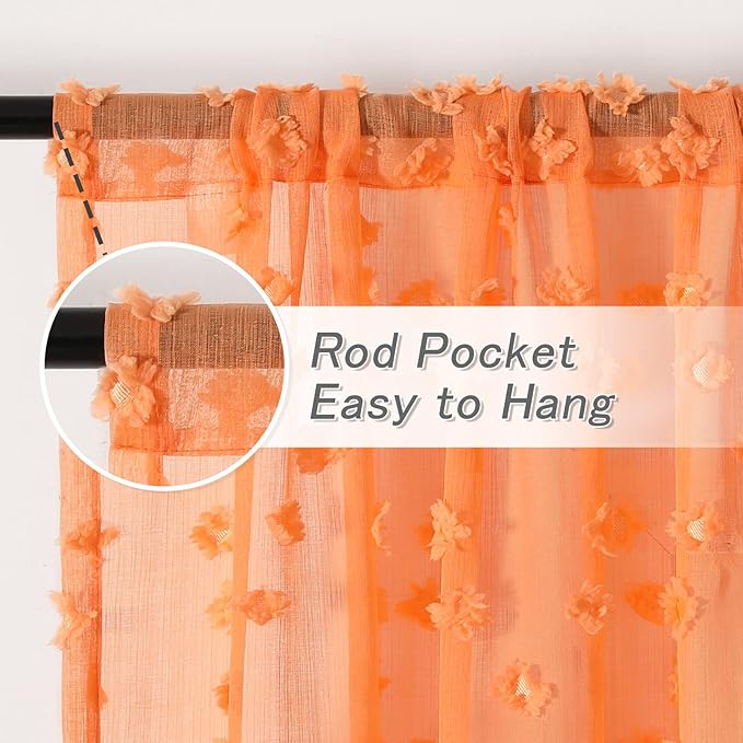 MYSKY HOME Pom Pom Orange Sheer Curtains for Bedroom Girls Room Curtains 84 Inches Long for Nursery Kids Light Filtering Boho Window Drapes, Rod Pocket, 38" Wide, 2 Panels