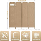 6 ft. Tall Room Divider and Folding Privacy Screen, Weave Fiber Foldable Panel Wall Divider with Diamond Pattern Weaved & 4 Panel Room Screen Divider Separator, Freestanding Room Divider