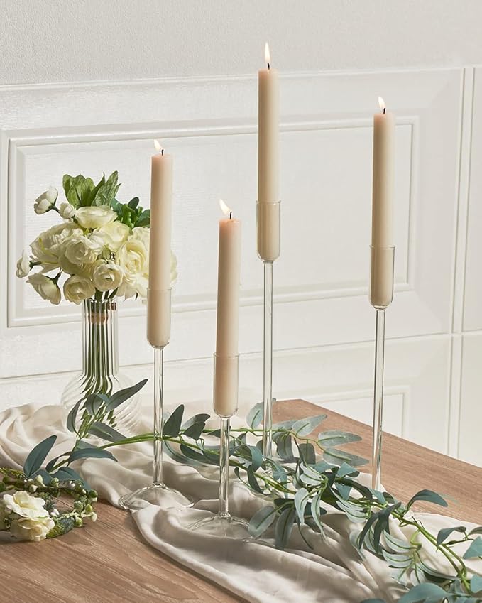 Candle Holder, Glass Taper Candle Tall Candlestick Holder, 4 Different Heights, for Table Centerpiece, Wedding, Party, Clear, 4pcs