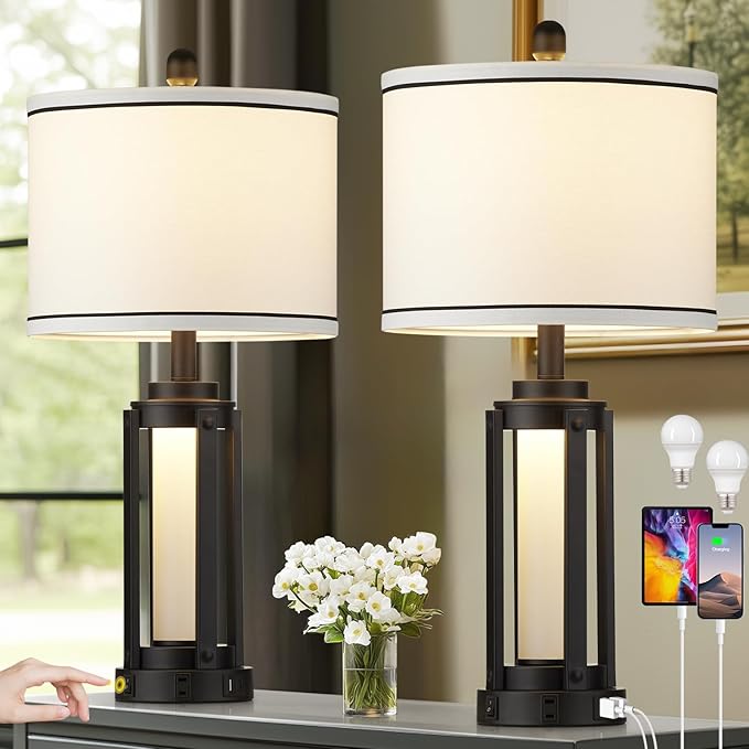 Industrial Table Lamps Set of 2, Modern Beside Lamp with USB A+C Charging Ports & AC Outlet, Rustic Nightstand Lamp with LED Night Light for Living Room Bedroom End Table Entryway Black Bulbs Included