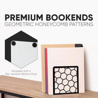 GEOMOD Geometric Honeycomb Black Metal Bookends Decorative - Tall Sturdy Book Ends for Shelves - Modern Heavy Duty Bookend Stopper - Office or Home Book Shelf Book Holder - 6x3.25x6.25 Inches - 1 Pair