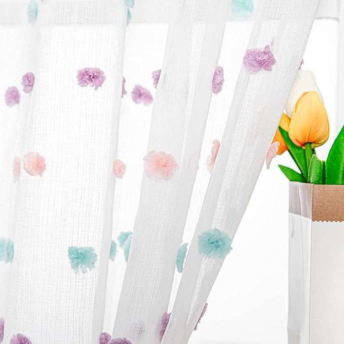 MYSKY HOME Short Curtains for Bedroom Rainbow Pom Pom Sheer Curtains Kitchen Bathroom 54 Inches Long Curtains Nursery Boys Kids Room Rod Pocket 2 Panels Small Window 38" x 54"