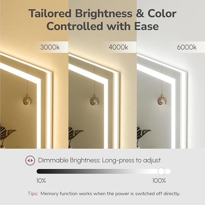 USHOWER LED Bathroom Mirror 24x32 Inch with Lights - Frameless Tempered Glass LED Backlit Lighted Mirror for Bathroom Vanity with Anti-Fog, 3 Colors Dimmable, Memory Function, Wall-Mounted