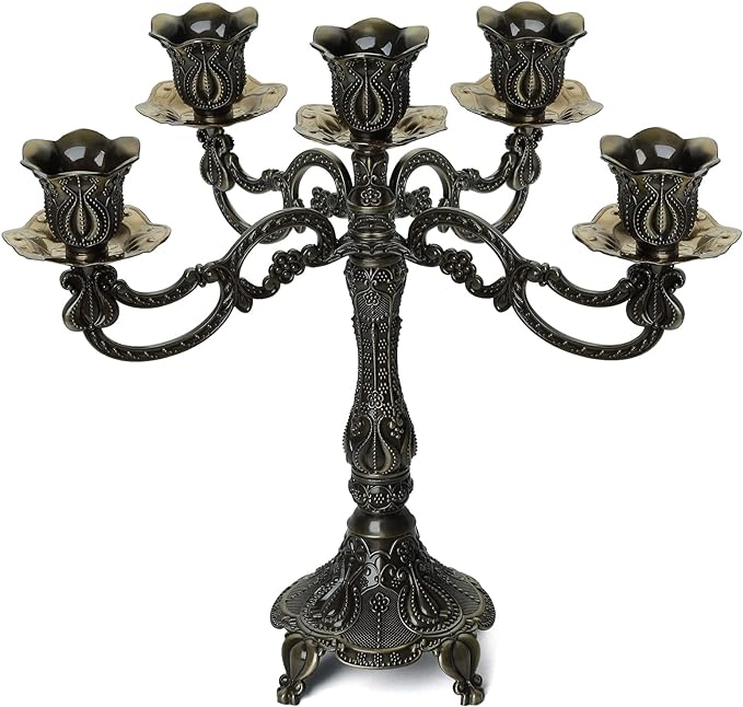 5-Candle Metal Candelabra 10.3 Inch Tall Candlestick Candle Holders for Home Decor Wedding Christmas Church Halloween Party,Bronze Tulip