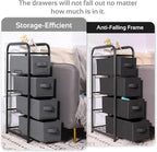 MAX Houser 4 Drawer Narrow Dresser Fabric Storage Tower Vertical Slim Storage Chest Organizer Nightstand Side/End Table Small Standing Organizer Removable Drawers Wood Top for Bedroom, Bathroom（Black)