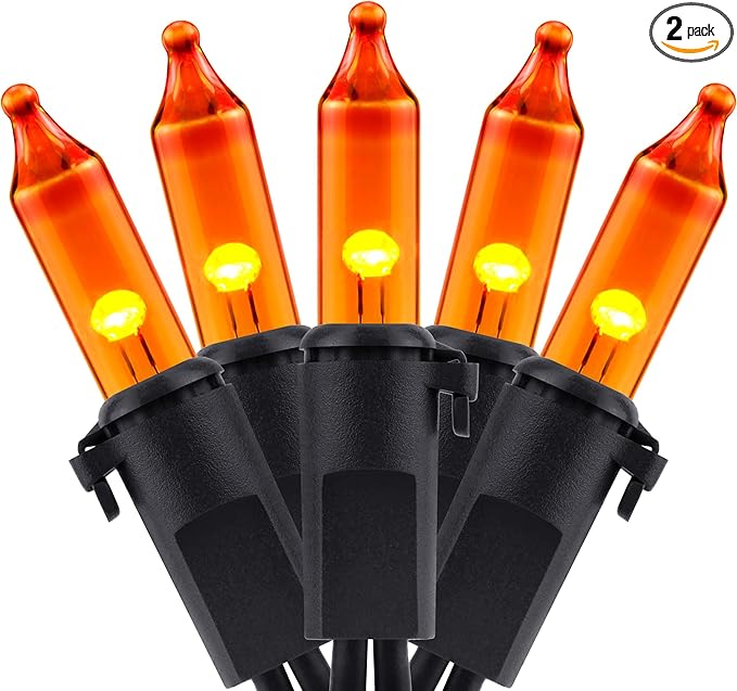 YULETIME Orange String Lights with Black Wire, 66 ft 200 Count UL Certified Christmas Light, Pack of 2 Sets 33 ft 100 Light Set for Halloween Fall Holidays (Orange)