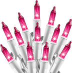Christmas Pink Mini String Lights - 100 Count 25 Feet Detachable Incandescent Bulb Waterproof Fairy Lights Plug in for Indoor Outdoor Party Patio Xmas Tree Valentine's Day Decoration, White Wire