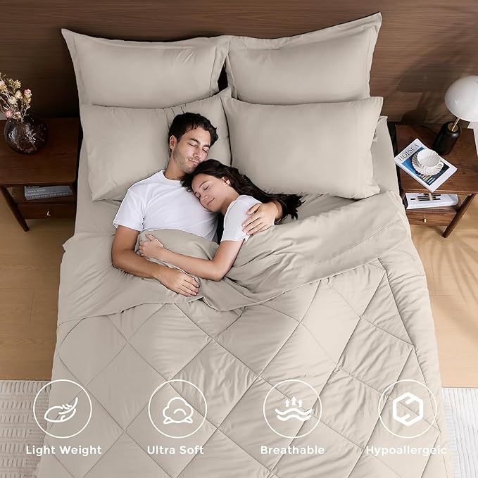 HEVUMYI Beige Tan Twin Comforter Set - 5-Piece All Season Bed in a Bag Twin, Ultra Soft Bedding Set with Comforter, Flat Sheet, Fitted Sheet, Pillowcases, Pillow Shams, Beige Tan