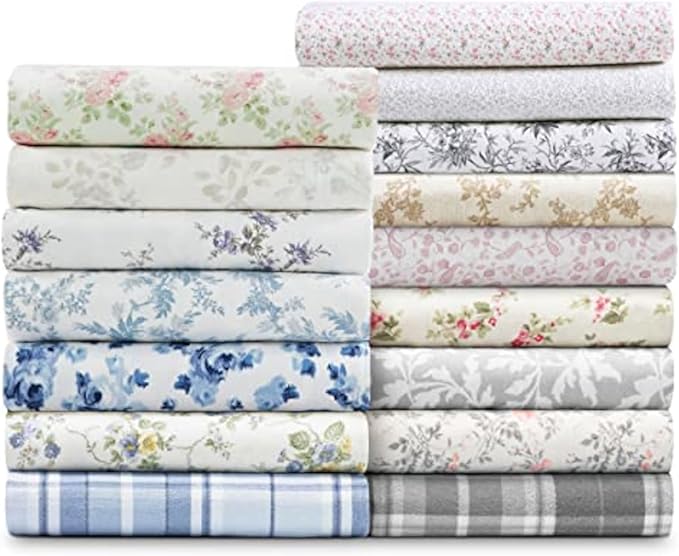 Laura Ashley - Flannel Sheets Queen Size, Anti-Pilling & Wrinkle Resistant Cotton, Touchably Soft for All-Season Comfort - Bed Sheets with Matching Pillowcases & Fitted Sheet (Chelsie Vine Grey)