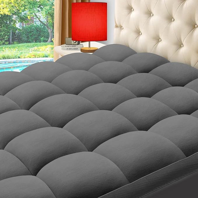 ELEMUSE Twin Grey Cooling Bamboo Viscose Mattress Topper for Back Pain, Extra Thick Mattress Pad Cover, Plush Soft Pillowtop with Elastic Deep Pocket, Overfilled Down Alternative Filling