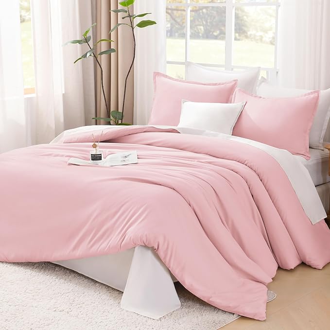 Litanika Pink Comforter Set King Size, 3 Pieces Aesthetic Soft Solid Bedding Comforter Set, All Season Bed Set (104x90In Comforter & 2 Pillowcases)