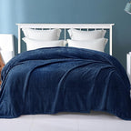Exclusivo Mezcla Fleece Queen Size Blanket for Bed, 90x90 Inches Soft Cozy Jacquard Flannel Blankets, Lightweight Fuzzy Plush Warm for Winter, Navy Blue