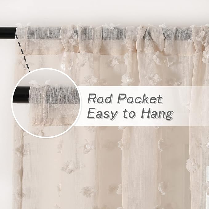 MYSKY HOME Beige Sheer Short Curtains with Pom Pom for Small Windows Bedroom Nursery Kids Girls Room Curtains Cafe Kitchen Light Filtering Boho Drapes, Rod Pocket,52 x 54 Inches, 2 Panels