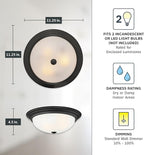 DESIGNERS FOUNTAIN Reedley 2-Lights Flush Mount Ceiling Light, 11 Inch Lighting Fixture for Kitchen, Bedroom, Bathroom, and Hallway, Matte Black with Etched Glass, 1257S-MB-W