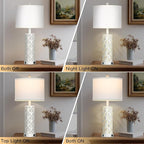 Set of 2 Rustic Table Lamps for Living Room Bedroom, Vintage Farmhouse Nightstand Lamp with 2 USB Ports, Hollow Out Metel Lamp for End Table with Nightlight (White)