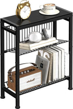 Narrow Side Table for Small Space, 3-Tier End Table with Magazine Holder, Slim Nightstand with Wire Shelf, Skinny Bedside Table in Living Room, Bedroom, Study, Kitchen and Balcony (Black)